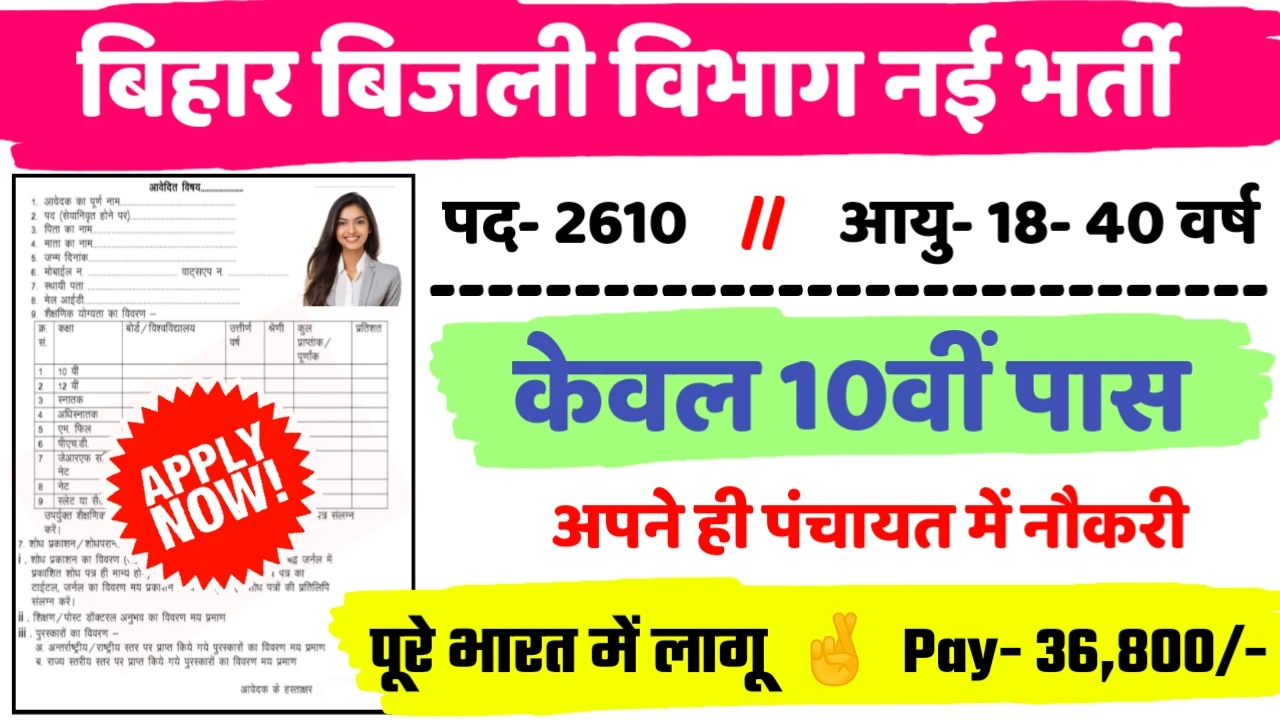 Bihar Bijali Vibhag Recruitment 2024: बिहार बिजली विभाग बंपर भर्ती 2610 पदों के लिए 10वीं पास ऐसे करे, ऑनलाइन आवेदन