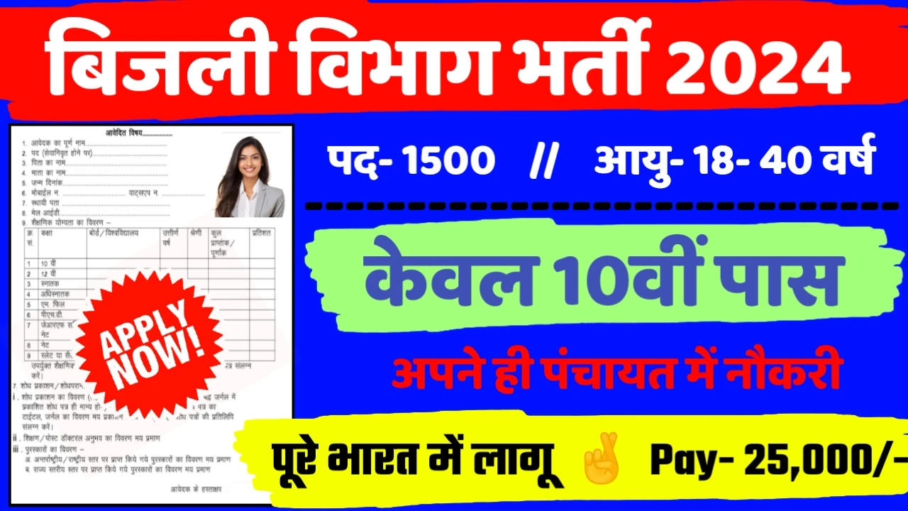 Electricity Department Recruitment 2024: बिजली विभाग बंपर भर्ती 1500 पदों के लिए 10वीं पास ऐसे करे, ऑनलाइन आवेदन