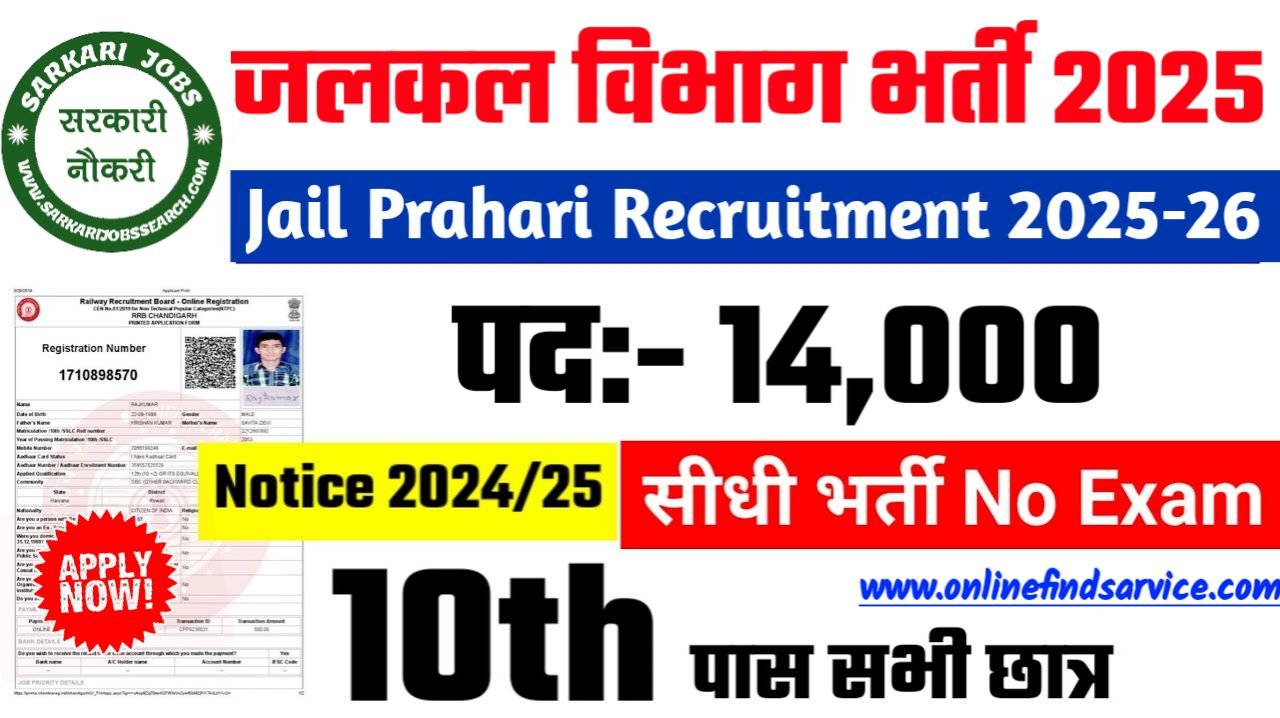 JAIL PRAHARI Recruitment 2025 - जलकल विभाग भर्ती 2025, पद- 14000