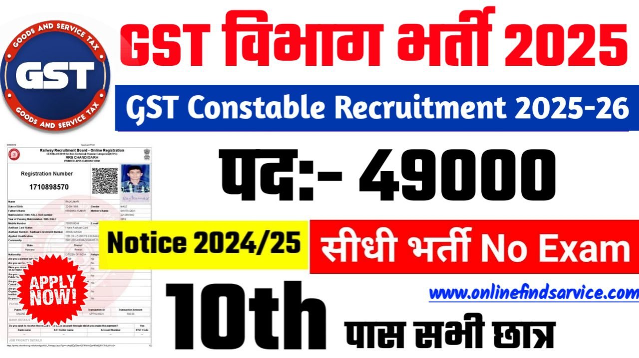 GST Constable Recruitment: जीएसटी कांस्टेबल की तरफ से बहुत बड़ी भर्ती का नोटिफिकेशन जारी किया गया है | जिस नोटिफिकेशन के अनुसार आप इसके ऑफिशल वेबसाइट पर जाकर के आवेदन कर सकते हैं इस भर्ती में Constable के साथ-साथ अन्य पदों पर भर्ती होने वाली है तो किसी भी पद में आवेदन कर सकते हैं